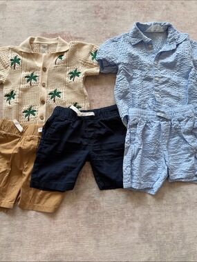 H&M Kids Beige Palm Sweater Navy Shorts Light Blue Shirt Shorts Set 2T